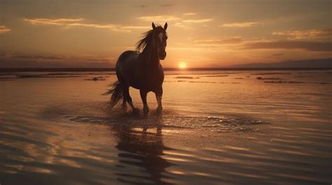 Premium Photo | Horse on the beach at sunset with reflection in ...