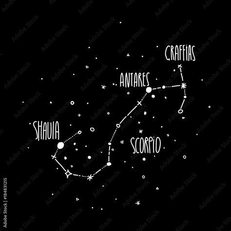 Scorpio constellation hand draw illustration. Scorpion stellar map on black night sky. Galaxy ...