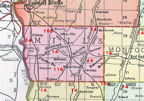 Mills County, Iowa, 1911, Map, Glenwood, Malvern, Emerson, Pacific Junction