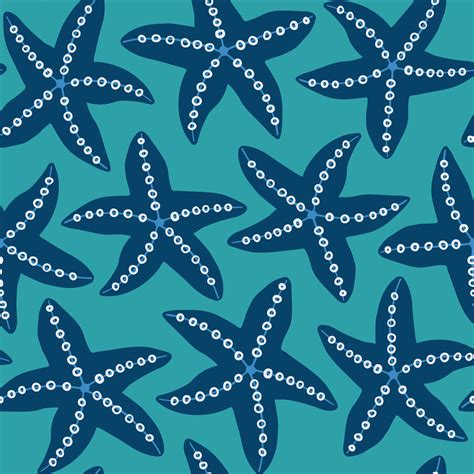 Starfish seamless pattern in white, teal and blue colours. Star fish repeat pattern. Summer ...