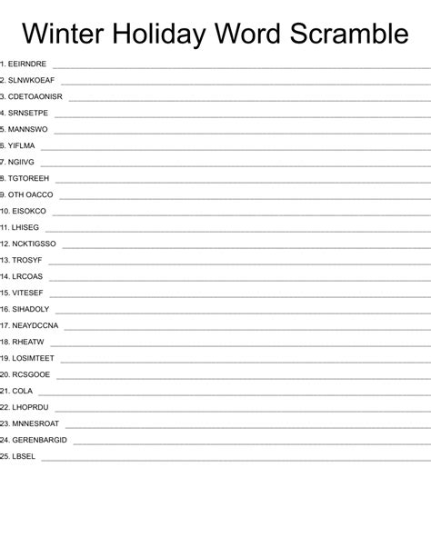 Winter Holiday Word Scramble - WordMint