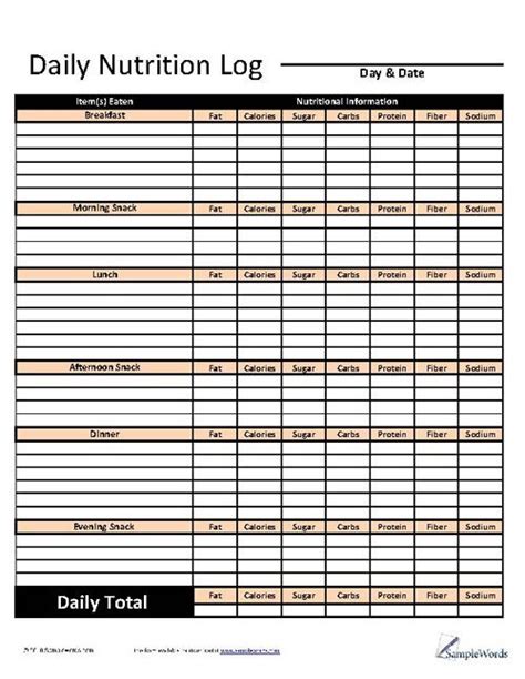 Daily Nutrition Log Organizer - Download PDF Form | Nutrition chart ...