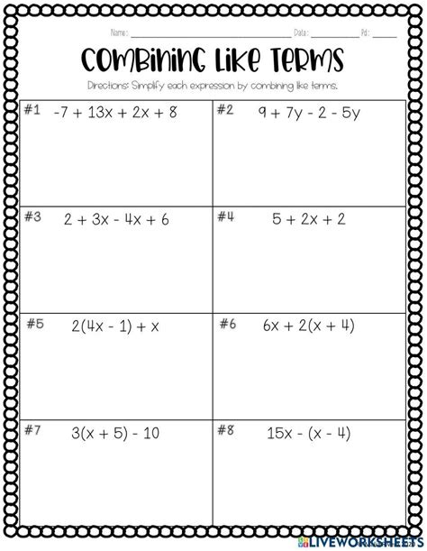 Combining Like Terms worksheet for 8th-9th | Live Worksheets - Worksheets Library