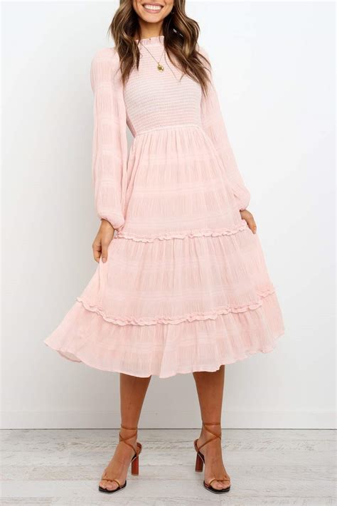 Long Sleeves Elasticised Waist Shirred Bodice Midi Pink Dress ...