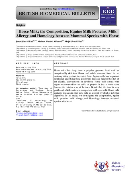 (PDF) Horse Milk; the Composition, Equine Milk Proteins, Milk Allergy and Homology between ...