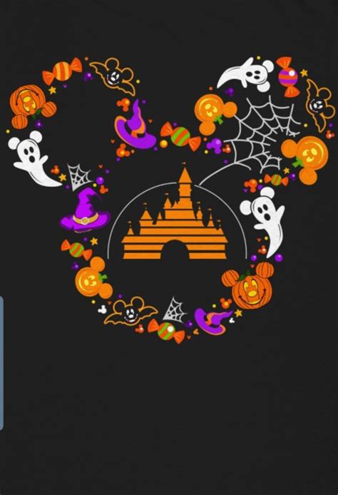 mickey mouse's castle surrounded by pumpkins, ghost and other halloween related items