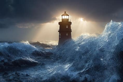 Premium Photo | Storm waves of sea water hit the stone pier and lighthouse