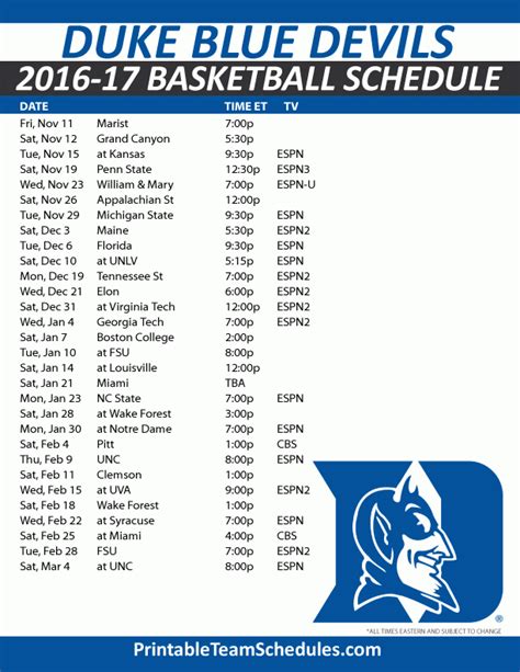 Duke Basketball Schedule Printable