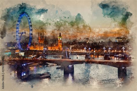 Digital watercolor painting of London skyline at night including ...