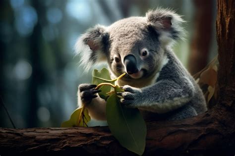 Premium Photo | A koala bear sits on a branch eating leaves.