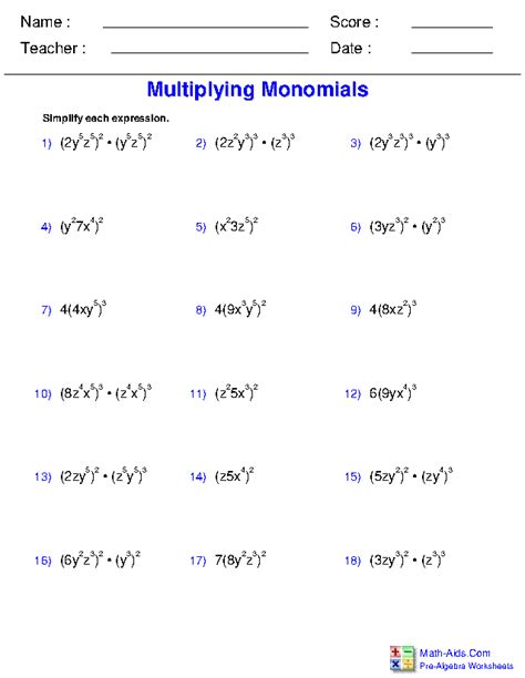 Pre-Algebra Worksheets | Monomials and Polynomials Worksheets