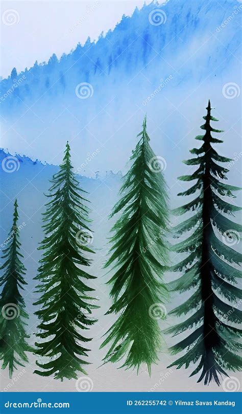 Watercolor Pine Trees and Forest Landscape Stock Photo - Image of nature, garden: 262255742