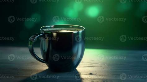 A black coffee mug floating against a green gradient 3D product display ...