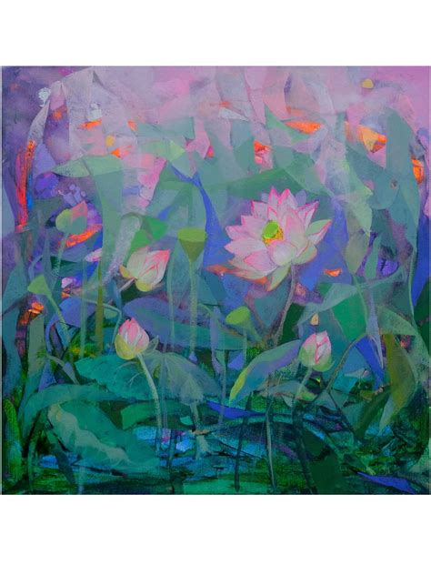 Pink Lotus With Pond Painting | Acrylic On Canvas | By Sumita Maity | Exotic India Art