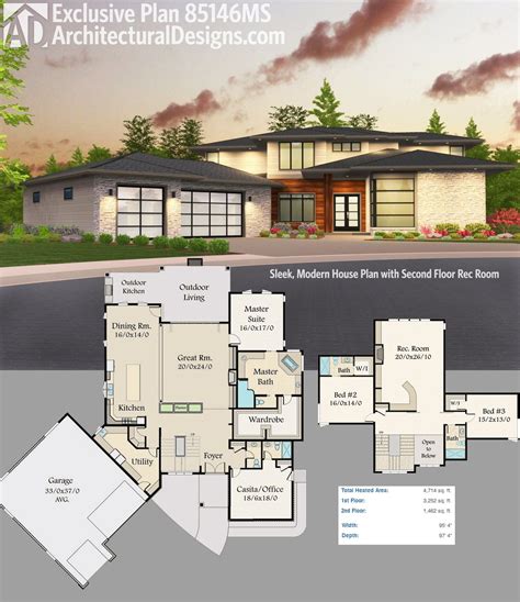 Plan 85146MS: Sleek, Modern House Plan with Second Floor Rec Room | Architectural design house ...