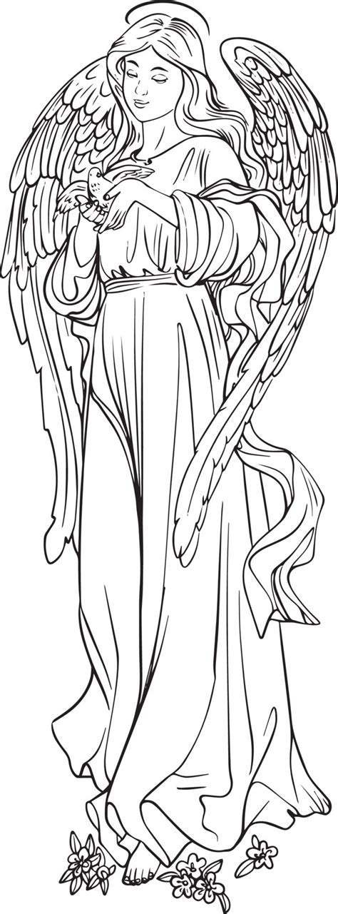 Angel girl with a bird in her arms. Black and white vector drawing. For ...