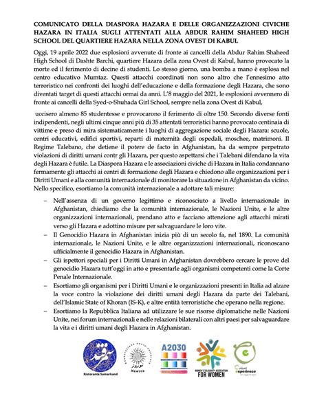 Hazara World - Hazara Diaspora and Civil Organizations in Italy Statement regarding the attacks ...