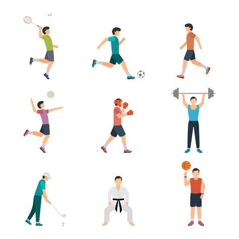 Sport people flat icon set with men doing different types of sports ...