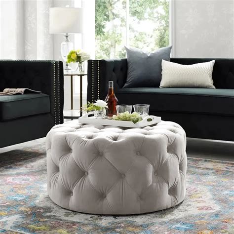 Tufted Ottoman Light Gray Velvet Coffee Table Tufted Cocktail Round Pouf Small - Living Room ...