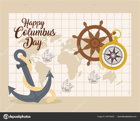 Columbus ships on world map with anchor rudder and compass vector ...