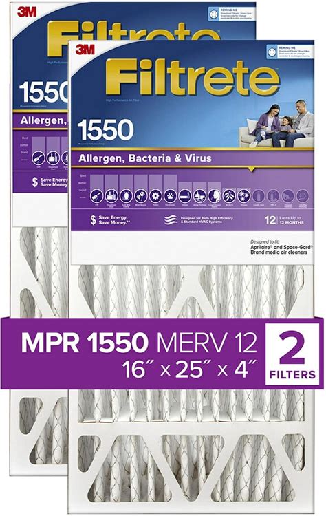 Filtrete 16x25x4 Air Filter, MPR 1550, MERV 12, Healthy Living Ultra ...