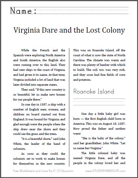 Virginia Dare and the Lost Colony - Free printable workbook for lower ...