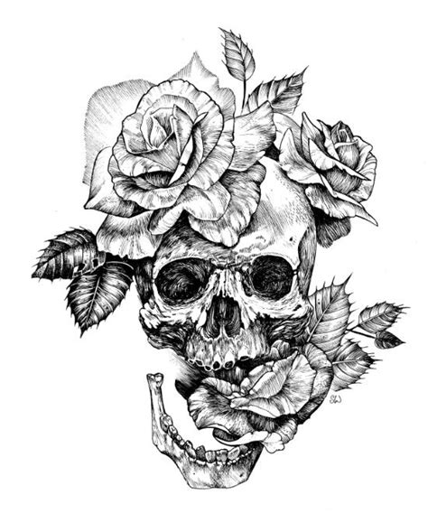 Black and White skull with roses pen drawing Art Print by Sarachnid | Society6 | Skull rose ...