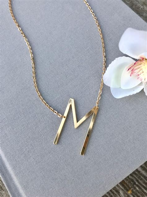 Gold initial necklace letter m necklace alphabet necklace large initial gold necklace minimalist ...