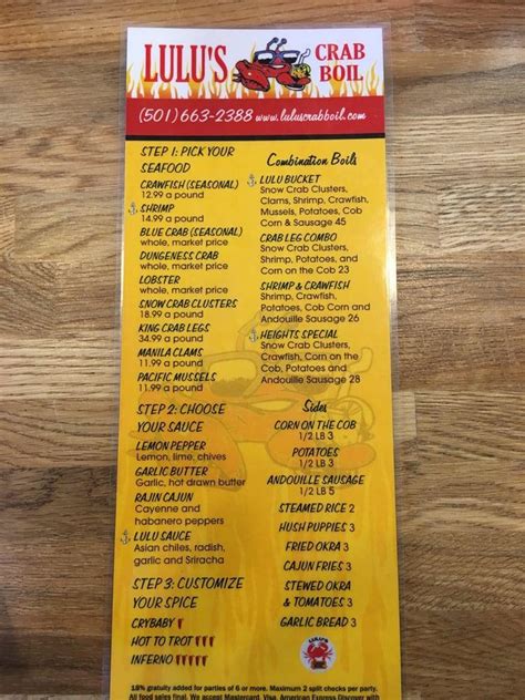 Menu at Lulu's Seafood Kitchen restaurant, Little Rock, R St