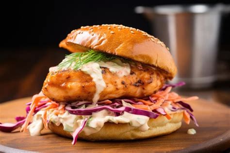 Premium AI Image | Shrimp burger on brioche bun with spiced mayo and ...