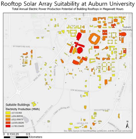 Map of Auburn campus buildings as ranked by potential annual ...