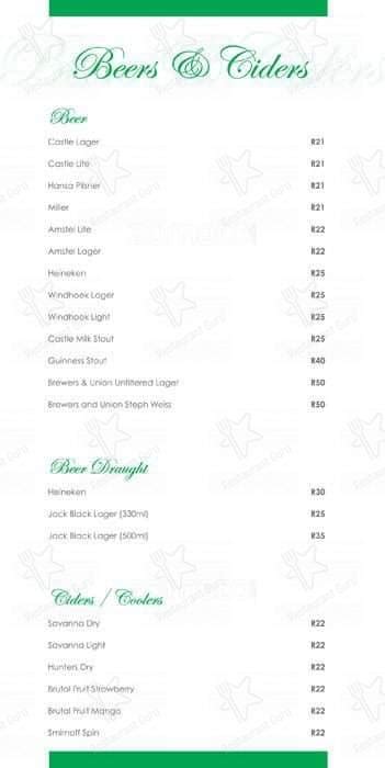 Menu at California Dreaming restaurant, Durban