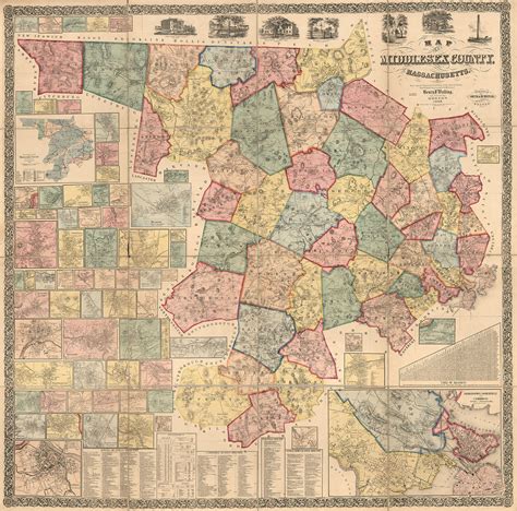 MIDDLESEX COUNTY Massachusetts 1856 Wall Map by H. F. Walling | Etsy