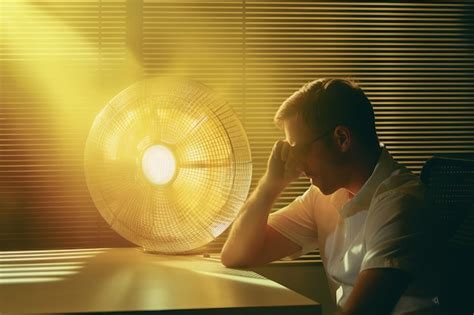 Premium AI Image | hot weather concept A man sits at a table in front of a fan