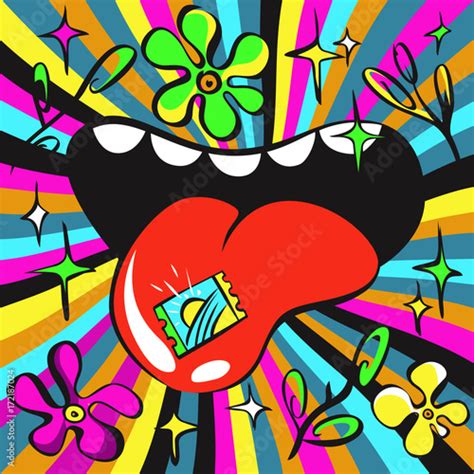 Lsd psychedelic illustration, acid mark on tongue, bright colours Stock Vector | Adobe Stock