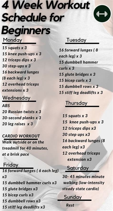 4 week workout schedule for beginners or starting new... | Beginner workout schedule, Workout ...