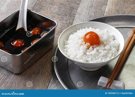 Soy Sauce Marinated Egg Yolk on Rice, Japanese Breakfast Stock Image - Image of cooking, sake ...