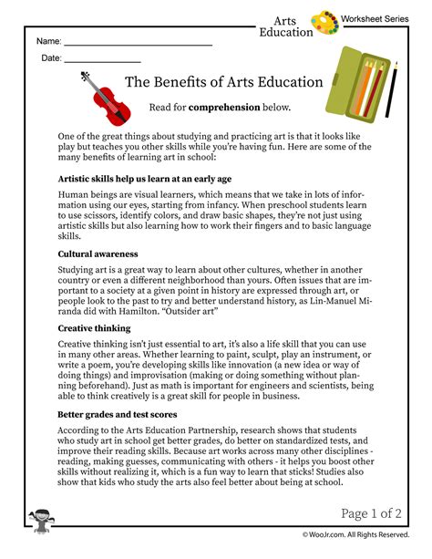 Benefits of Arts Education - Reading Worksheet | Woo! Jr. Kids Activities