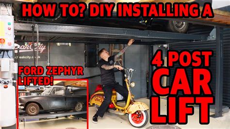 Installing a 4 post car lift in the garage, on your own! The Ford Zephyr pickup truck is lifted ...