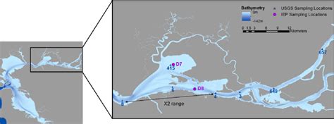 Map showing locations of IEP-EMP stations D7 and D8 and USGS stations... | Download Scientific ...