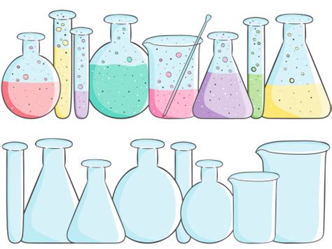 a set of laboratory flasks and beakles with colored liquids on white background