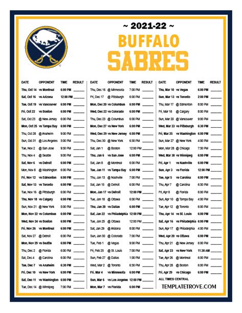 Printable 2021-2022 Buffalo Sabres Schedule