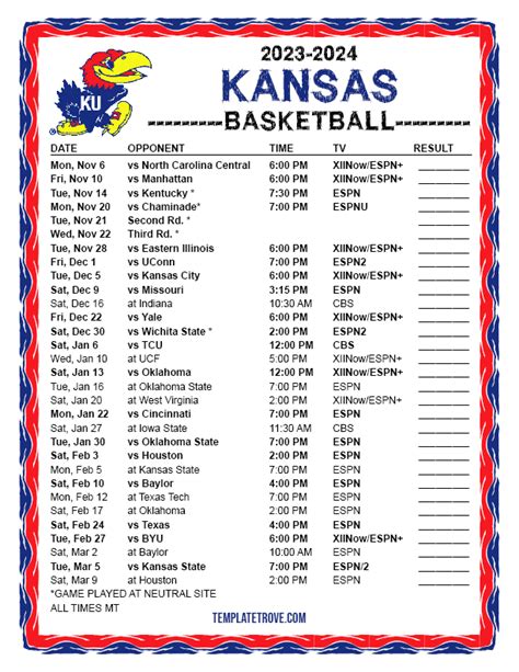 Printable 2023-2024 Kansas Jayhawks Basketball Schedule