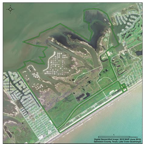 True-color aerial photograph of Galveston Island State Park (outlined ...