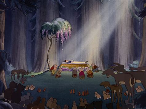 "Snow White and the Seven Dwarfs" Disney 1937 Snow White in her glass coffin in the forest ...