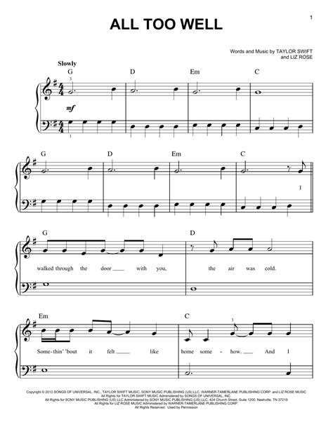 All Too Well sheet music by Taylor Swift (Easy Piano – 93883)