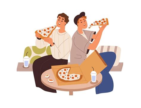 Premium Vector | Men friends eating pizza together, sitting at table in pizzeria. happu guys ...