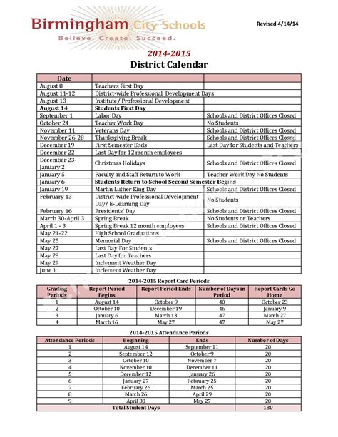 Birmingham City Schools Calendar - Time Table