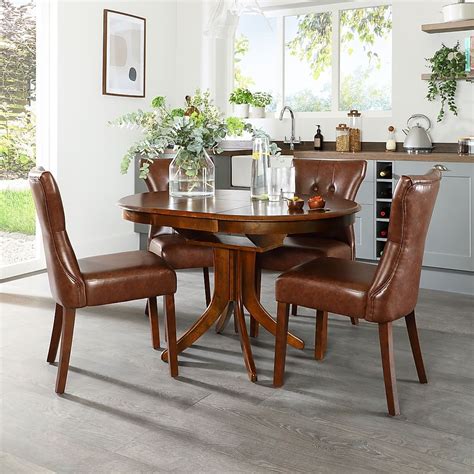 Hudson Round Extending Dining Table & 6 Bewley Chairs, Dark Solid Hardwood, Club Brown Premium ...