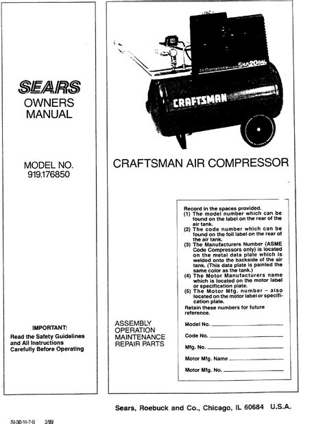 Craftsman 919176850 User Manual AIR COMPRESSOR Manuals And Guides L0807019